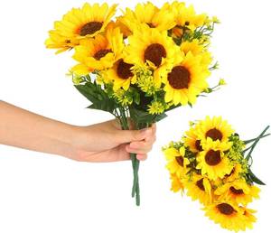 lot 6416 image: LOKIPA 2 Bunches Artificial Sunflower Bouquet, Fake Sunflower Silk Flowers Realistic Silk Sunflowers with Stems for Wedding Home Garden Party Decoration