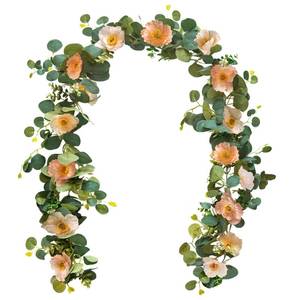 lot 6442 image: Kainonnan 5.74 FT Artificial Poppies Flower Garland, Floral Garland Greenery Vines with Eucalyptus Hanging Flowers Vines for Home Wedding Mantle Table Outdoor Decor (Coral)