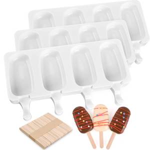 lot 6470 image: Sakolla 3 Pack Large Popsicle Molds 4 Cavities Cake Pop Silicone Molds Oval Ice Cream Cakesicle Molds for Homemade Ice Pop with 100 Wooden Sticks