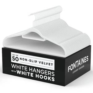 lot 9693 image: Fontaines Luxury White Velvet Felt Non Slip Clothes Hangers 50 Pack - Ultra Slim & Space Saving - Heavy Duty Swivel Hook for Clothing, Suit, Top, Tie, Shirt, Skirt & Pant Organization