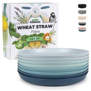 lot 9709 image: Grow Forward Premium Wheat Straw Plates - 10 Inch Reusable Hard Plastic Dinner Plates Set of 8 - Unbreakable Microwave Safe Plates for Dessert, Camping, RV, Outdoors, Patio, Kitchen Dishes - Seascape