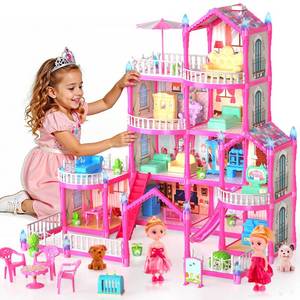 lot 9711 image: Pupu Pig Doll House Toys for Girls, Dollhouse with Glow in The Dark, Kids Doll House Playset with 4-Story 14 Play Areas, 2 Dolls, Toy Dogs, Dollhouse Accessories and Furniture, Princess Toy Gifts
