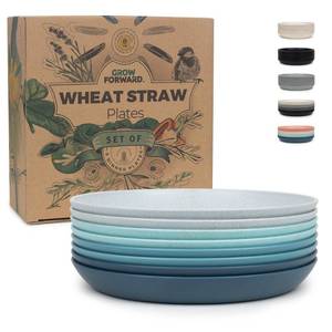 lot 9718 image: Grow Forward Premium Wheat Straw Plates - 8 Inch Reusable Hard Plastic Dinner Plates Set of 8 - Unbreakable Microwave Safe Plates for Dessert, Camping, RV, Outdoors, Patio, Kitchen Dishes - Seascape