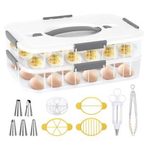 lot 9730 image: YESSWLQ 2-Layer Deviled Egg Containers with Lid, 36 Slots Refrigerator fridge organizers and storage egg cartons with Handle for Easter, with Slicer Kitchen Tongs Piping Decorating Kit