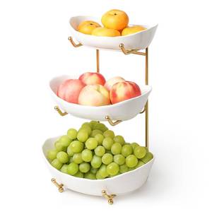 lot 9735 image: Kanwone Fruit Bowl for Kitchen Counter - 3 Tier with No Assembly Gold Stand & White Ceramic Bowls, Tiered Fruit Basket for Storage, Vegetables, Cake Display, Party Serving & Home Decor