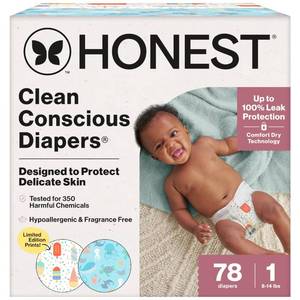 lot 9737 image: The Honest Company Comfort Dry Disposable Diapers for Sensitive Skin, Hypoallergenic, Fragrance-Free, Summer 25 Seasonal Prints, Club Box, Size 2 (12-18 lbs), 72 Count