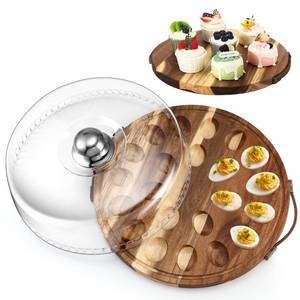 lot 9740 image: Havawish Wood Deviled Egg Platter with Lid 22 Holes Round Deviled Egg Tray Charcuterie Board Food Serving Container Holder for Countertop Easter Party Supplies(Acacia Wood)