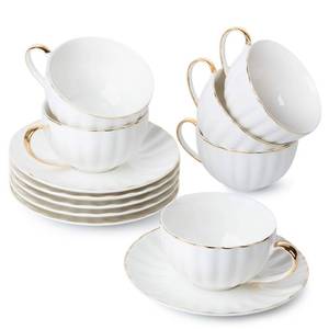 lot 9741 image: BTaT- Cappuccino Cups with Saucers 7 oz, Set of 6, White Porcelain Coffee Cup and Saucer Set for Latte with Golden Trim Design, Dishwasher Safe, Mocha, Tea, Au Lait, Flat White, Mothers Day Gift