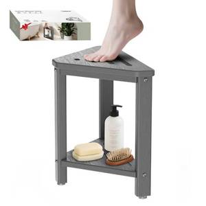lot 9759 image: Shower Foot Rest 15in, HDPE Waterproof Shower Stool for Inside Shower, Corner Shower Stool for Shaving Legs with Storage Shelf for Small Space, Shower Step Stool, Plastic Corner Shower Bench, Grey