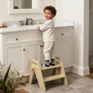 lot 9763 image: HOMEKOL Toddler Kids Step Stool Wooden 2 Step Stool for Bathroom Sink Kitchen, Foldable with Side Handles, 300 lbs Capacity, Non-Slip A-Frame, Natural Wood Color