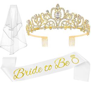 lot 10014 image: JETKONG 3 Pcs Bachelorette Party Decorations Bridal Shower Crown, Bride to Be Sash&Veil for Women Bachelorette Party Gifts, Bachelorette Party Supplies, Gifts, Favors (Gold)