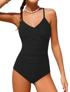 lot 10035 image: Dearnow Teen Swimsuits for Girls 12-14 One Piece Control Front Cross Ruched Tie Back Cyan Solid Color Adjustable Straps Bathing Suit Swimwear with Drawstring Cover Up