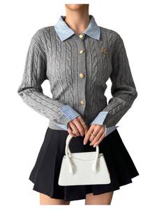 lot 10038 image: GORGLITTER Womens Collared Polo Sweater Cable Knit Button Up Cardigan Fall Trendy Holiday Cozy Long Sleeve Sweaters Grey Medium