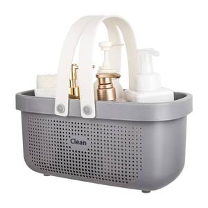 lot 11529 image: JiatuA Plastic Storage Basket with Handle Portable Shower Caddy Tote Organizer Basket Bin for Bathroom Kitchen Dorm Room Bedroom, Gray