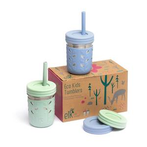 lot 11532 image: Elk and Friends 10oz Stainless Steel Kids  Toddler Drinking Cups  The Original Mason Jar with Sleeves  Lids  Silicone Straws  Smoothies  Storage Jar  Spill Resistant  Dishwasher Safe  2 Pack
