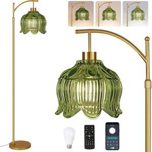 lot 11543 image: QIYIZM Glass Floor Lamp for Living Room,Bedroom,Gold Dimmable Standing Lamp with Remote,Mid Century Modern Brass Tall Lamp Boho Vintage Floor Lamps Arc Green Tulip Flower Floor Light Lamp Bohemian