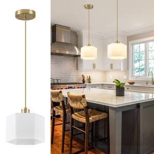 lot 11550 image: XSDeTu Milk Glass Pendant Lights Kitchen Island 2 Pack, Modern Gold Hanging Light Fixture, Mid-Century Hexagonal Ceiling Lamp, Mini Farmhouse Chandelier for Dining Room Sink Bathroom Bedroom Hallway