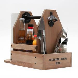 lot 11557 image: Wooden Grill Caddy Organizer - Versatile BBQ Caddy for Outdoor grill - Portable rustic wood condiment and paper towel holder with bottle opener for picnic and grilling