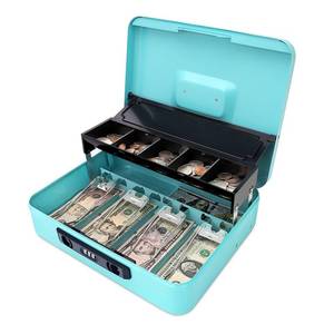 lot 11558 image: Jssmst Cash Box with Sliding Coin Lid and Snap Latch Combination Lock - Portable Cash Box with Money Tray and Lock, Secure Locking Money Box for Cash Organizer, 11.8L x 9.5W x 3.5H Inches, Light Blue