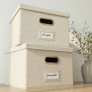 lot 11574 image: ZICOTO Decorative File Organizer Box Set of 2 - Collapsible Linen Filing Cabinets wHandles Are Perfect to Store all Your Documents & Hanging File Folders - Portable Easy Slide Crates with Lid
