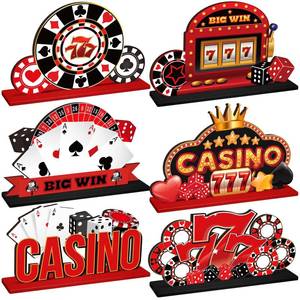 lot 11582 image: CroBlissful 6 Pcs Casino Theme Table Centerpieces Casino Night Party Wood Tabletop Decorations Poker Chips Poker Machines Dice Spades Wooden Signs for Birthday Party Decoration