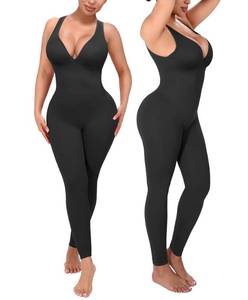 lot 11587 image: SHAPELLX Shapewear Workout Jumpsuits for Women V Neck Yoga Comfy One Piece Bodysuit Sleeveless Gym Unitard (Black Small)