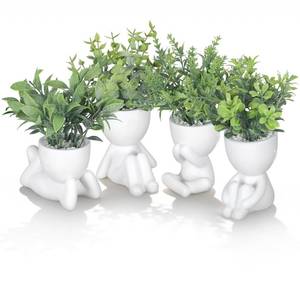 lot 11588 image: Tigeen 4 Packs Creative Fake Plants in Playful Human Shaped Pots Vase Cute Desk Decor Mini Artificial Greenery Positive Office Gifts Small Fake Plants for Desk Shelves Tabletop Modern Home Decoration