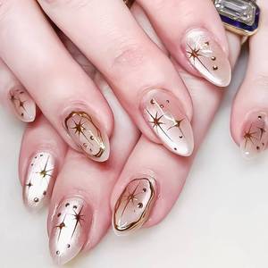 lot 12032 image: 30 Pcs Mirror Press on Nails 3D Gold Star Fake Nails Medium Almond Acrylic Glue on Nail Full Cover False Nail for Women