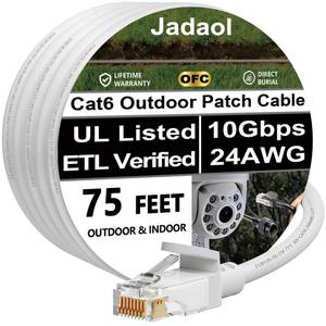 lot 12047 image: Cat 6 Outdoor Ethernet Cable 75 ft (22.86m), Support Cat87 Network, 10Gbps 550MHz, 24AWG Pure Copper, Direct Burial Waterproof In-Ground UV Resistant LAN Patch Cable for Router, Modem, Switch, White