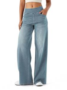 lot 12091 image: LERYG Large Wide Leg Jeans for Women,High Waisted and Slimming with Multiple Pockets,Straight Tube, Loose fit,Cat Whisker,Marbling wash Craft,High Elasticity Casual Denim Pants(MedBlueLightVintageM)