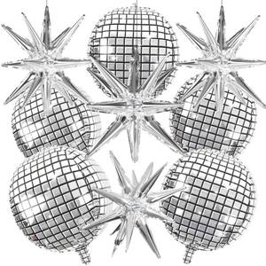 lot 12110 image: OuMuaMua Disco Ball Balloons for 70s Disco Party Decor, 22 Inch Large 4D Metallic Silver Disco Balloons with Stars Balloon for Themed Party, Birthday New Year Christmas Decor 9pcs
