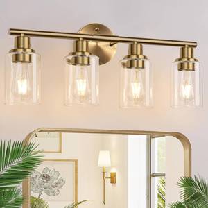 lot 13016 image: Zarbitta 4-Light Bathroom Light Fixtures, Brushed Brass Modern Vanity Lights with Cyan Glass Shades, Bathroom Wall Lamp for Mirror Kitchen Living Room