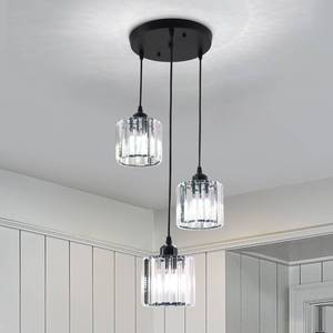 lot 13017 image: Modern Crystal Chandelier Round Ceiling Pendant Lights, Height Adjustable Crystal Hanging Light Fixtures for Kitchen Island, Chandeliers for Dining Room,Foyer,Living Room Entryway Black (3 Lights)
