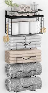 lot 13030 image: Towel Racks for Bathroom,Towel Rack Wall Mounted, 6 Tier Rolled Or Folded Towel Holder with Floating Shelves, Bathroom Towel Holder for Bath, Hand Towels,Metal and Wood,Full Black
