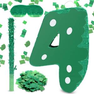 lot 13036 image: Gemscream Number 4 Dinosaur Pi�ata 15 Inch Green Number Pi�ata with Blindfold Stick and Confetti for Birthday Baby Shower Safari Jungle Dinosaur Themed Party Supplies Centerpiece
