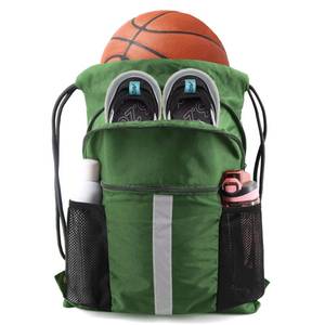 lot 14386 image: BeeGreen Dark Green Drawstring Backpack with Shoe Compartment X-Large Gym Sports String Cinch Backpack Athletic Sackpack with Front Inside Zipper Pockets