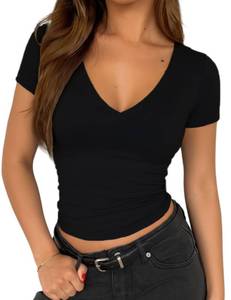 lot 14406 image: ForeFair Womens Casual V Neck Short Sleeve T Shirts Going Out Tops Double Lined Slim Fitted Summer Basic Tee Black,S