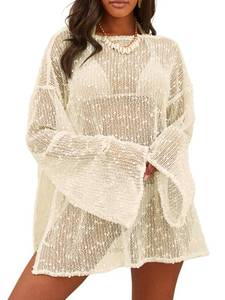 lot 14407 image: Lilosy Sexy Crochet Sheer Kaftan Caftan Beach Dress Bathing Suit Swim Coverup Summer Vacation Outfits One Piece Women Knit See Through Swimsuit Bikini Swimwear Beige Large