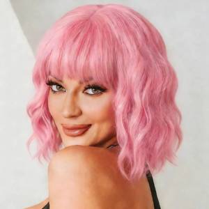 lot 14415 image: yumtaro Pastel Pink Wavy Bob Wig for Women, Short Shoulder Length Synthetic Wig with Bangs, Natural Looking Lightweight Hairpiece for Gift & Cosplay Costume Party