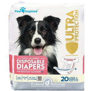 lot 14460 image: Paw Inspired Disposable Dog Diapers Female Puppy  Doggie  Cat  Pet Diapers Diapers for Dogs in Heat Period  Diapers that Stay on  Senior  Excitable Urination  or Incontinence (Large  20 Count)