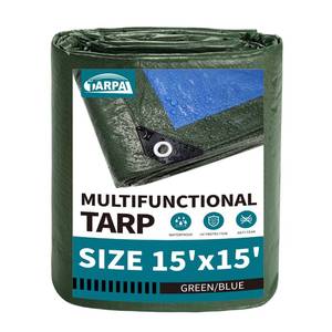 lot 14463 image: TARPAL 15x15 Feet Green Tarp Waterproof Multipurpose Protective Cover All Purpose Poly Tarps Cover for Pool, Outdoor Furniture, Camping, Firewood, Boat,Roof Waterproofing