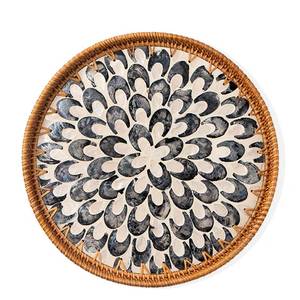 lot 14466 image: Aayoruro Round Rattan Tray with Mother of Pearl Inlay, Decorative Wicker Serving Tray with Wooden Base, Woven Basket Trays for Bread Fruits Coffee, Plume