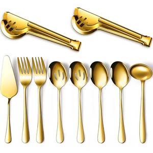 lot 14492 image: Patelai Serving Utensils Set Include Stainless Steel Large Spoons Slotted Spoons Forks Tongs Soup Ladle and Pie Server for Parties Buffet Catering, Dishwasher Safe(Gold,10 Pieces)