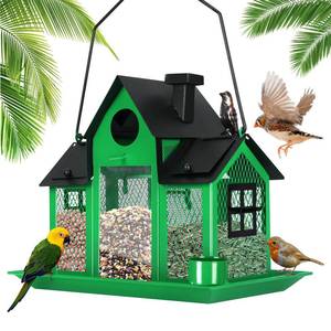 lot 15050 image: Solar Bird Feeders House for Outside Hanging, Metal Wild Bird Feeder for Outdoors Large Capacity Cardinal Birdfeeder Birdhouses Metal Bird Feeding Station Green