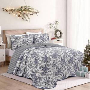 lot 15058 image: Wonderful 100% Cotton Blue Floral Quilt Set King Size Bedding Sets with Pillow Shams and Bed Skirt, 4 Pieces Floral Bedspread Coverlet, Quilted Blanket Bed Cover for All Season, 104x90
