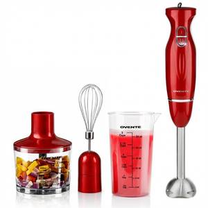 lot 16257 image: OVENTE Immersion Hand Blender Set, 300W Electric Handheld Stick Mixer, 2 Mixing Speeds with Stainless Steel Blades, Egg Whisk, Beaker & BPA-Free Food Chopper, Red HS565R