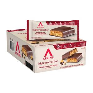 lot 16263 image: Atkins Chocolate Peanut Butter Protein Meal Bar, High Fiber, 16g Protein, Low Sugar, 3g Net Carb, Low Carb, Keto Friendly, 12 Count