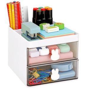 lot 16278 image: LETURE Small Desk Organizer With Drawer, Office Desktop Storage Box, Business CardPenPencilMobile PhoneStationery Holder Storage Box, Makeup Organizer for Office School Home (White)