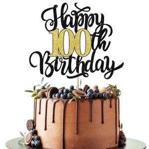 lot 16280 image: Leetaivie Happy 100th Birthday Cake Topper, Black Gold Glitter Birthday Cake Topper, 100th Anniversary100 Years Old Birthday Party Cake Decoration Supplies