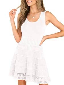 lot 16288 image: Fisoew Womens Summer Mini Dresses Casual Crewneck Knitted Crochet Hem Flowy Tank Sundress White M